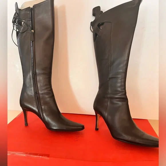 Valentino Gravani Leather Black Bow Italy tall Boots Italy Size 37.5 37 1/2 - Picture 13 of 13